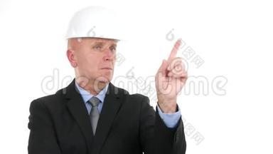自信的工程师与西装和头盔，使没有手指手势拒绝手牌